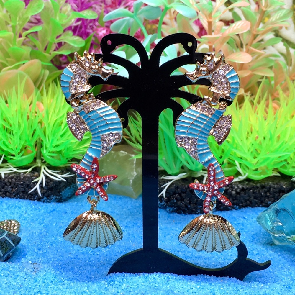 Enamel Seahorse Earrings with Rhinestones - Picture 4 of 8